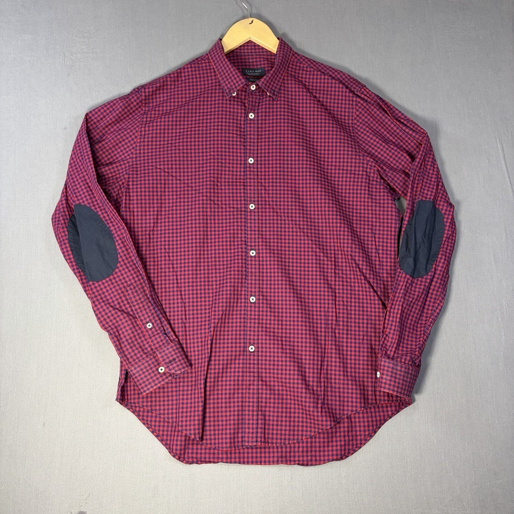 Zara Man Slim Fit Elbow Patch Mens Red Blue Gingham Check Button Down Shirt XL